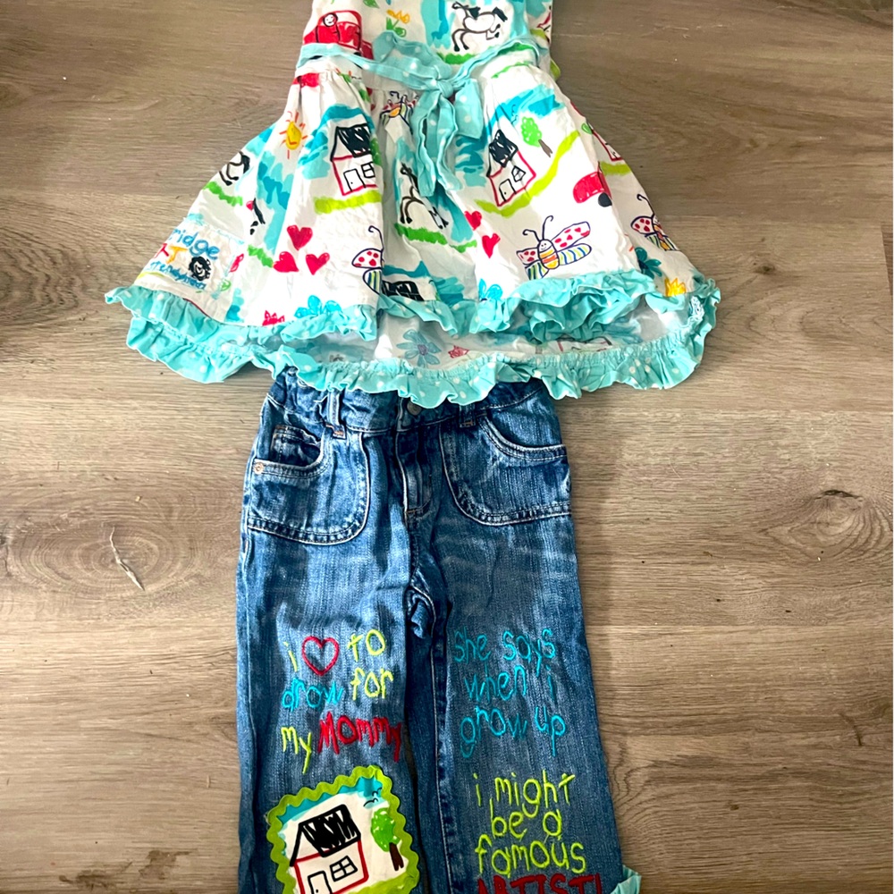 Hand made outfit.  Fits like a size 5. Perfect for going to school outfit